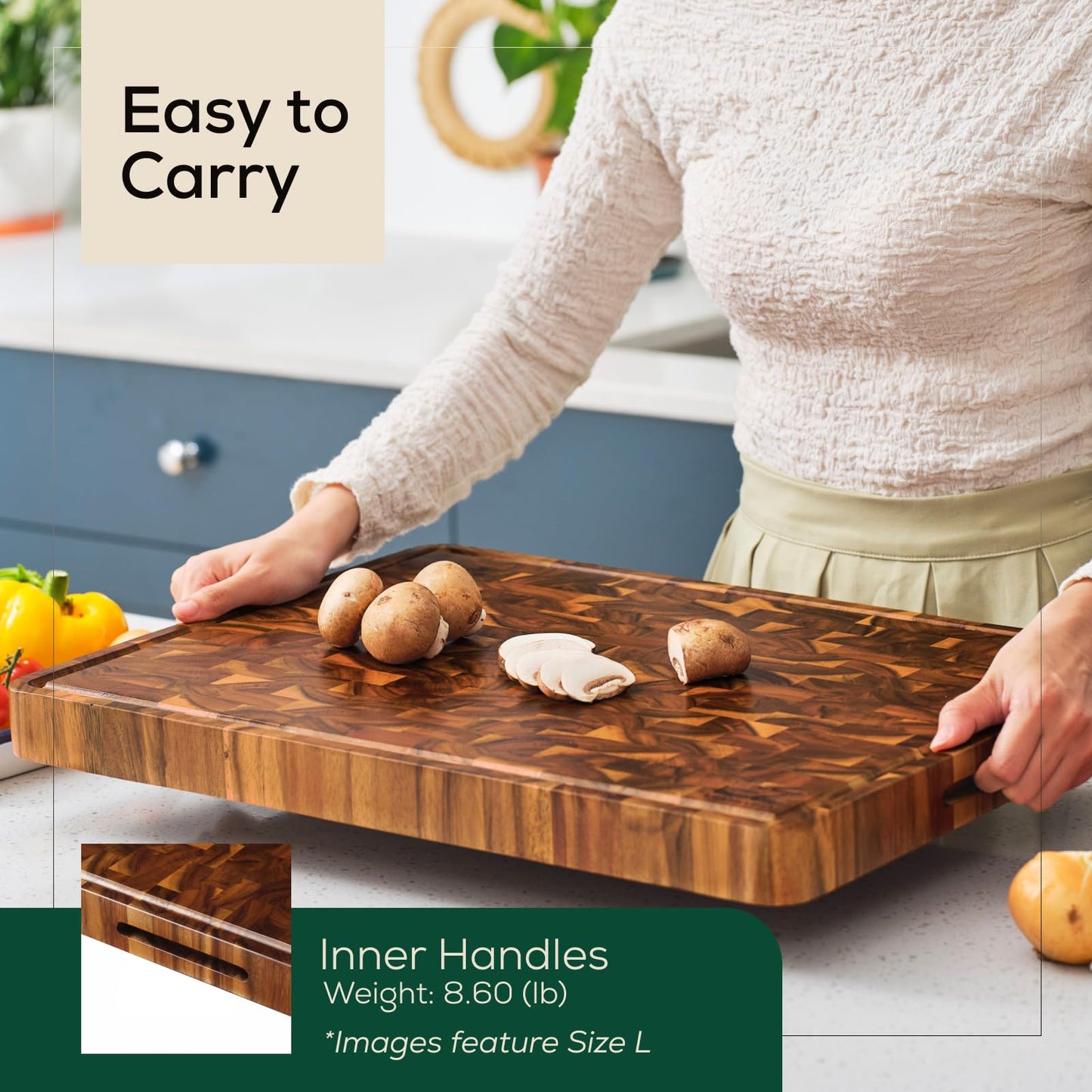 EZ FURNITURE 17 x 13 Inch Acacia Wood Cutting Board, End Grain with Juice Groove and Handles, Knife Friendly, Reversible, Suitable for Chopping Meat, Vegetables, Aesthetics for The Kitchen