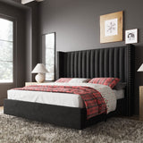 Jocisland King Size Bed Frame Upholstered Platform Bed with Tall Headboard Wingback, Velvet Vertical Channel Tufted, No Box Spring Needed, Easy Assembly, Black Jocisland