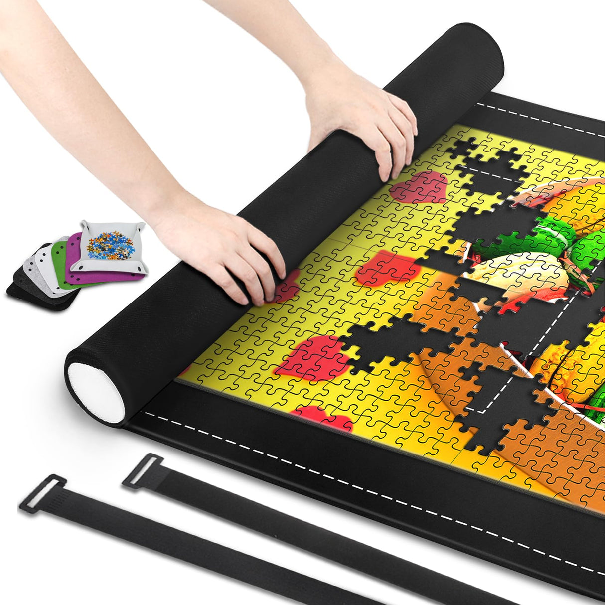 CHODEYE Premium Rubber Jigsaw Puzzle Mat, Roll Up, Saver Pad 46” x 26” Portable Up to 1500 Pieces with Non-Slip Rubber Bottom and Smooth Polyester Top + Storage Bag, 6 Colorful Trays, Rolling Tube CHODEYE