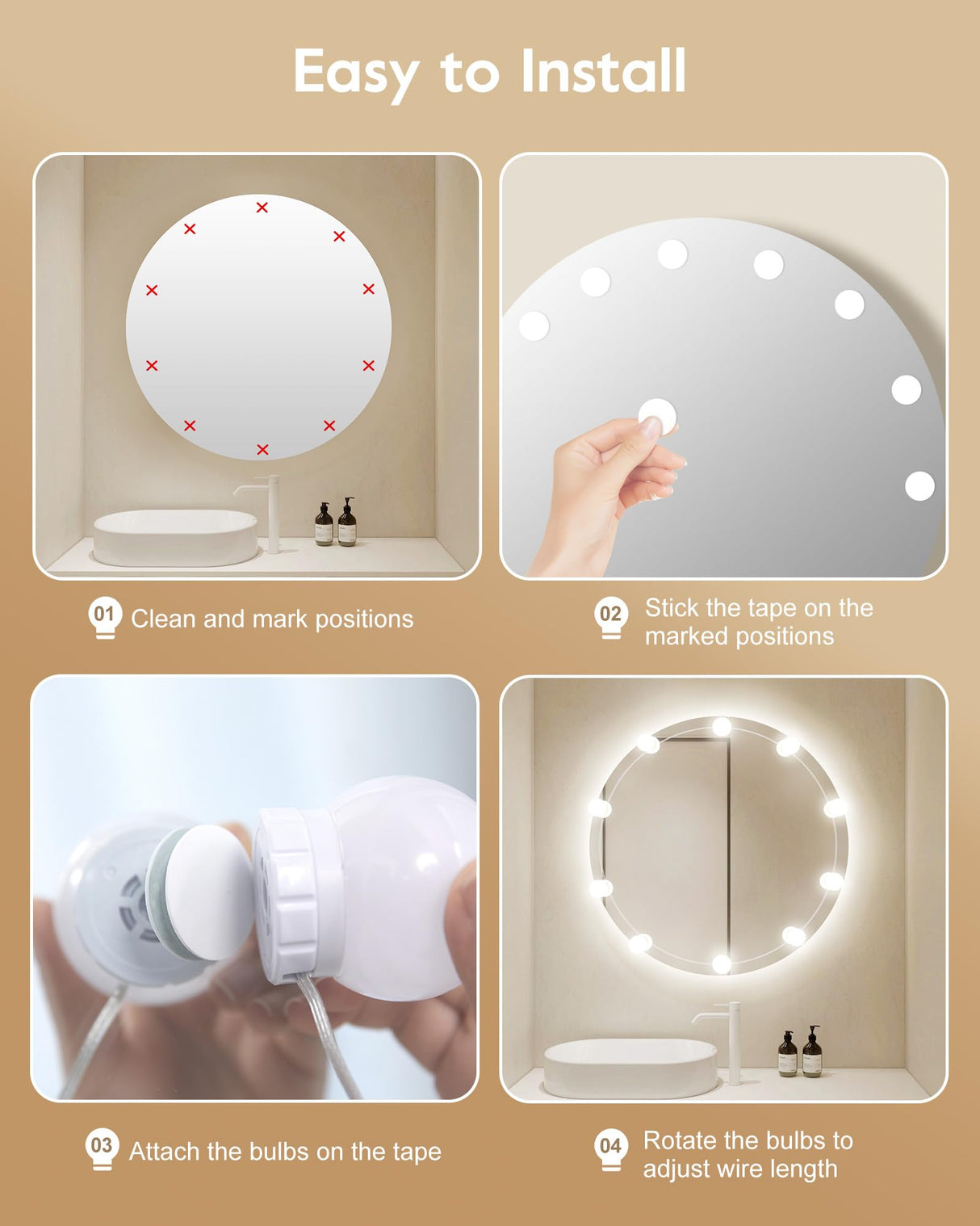 Brightown 14 Bulb Dimmable Hollywood Makeup Mirror Lights, 22Ft Adjustable Vanity Lighting Fixtures for Full Length Mirror (Mirror Not Included) Brightown