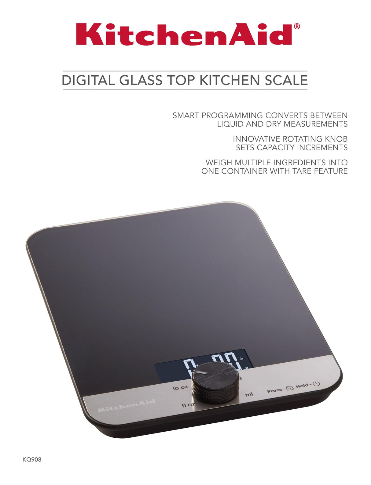 KitchenAid KQ908 Glass Surface 11 Pound Capacity Digital Kitchen and Food Scale, Scale for Food Ounces and Grams, Dry and Liquid Ingredients, Black KitchenAid