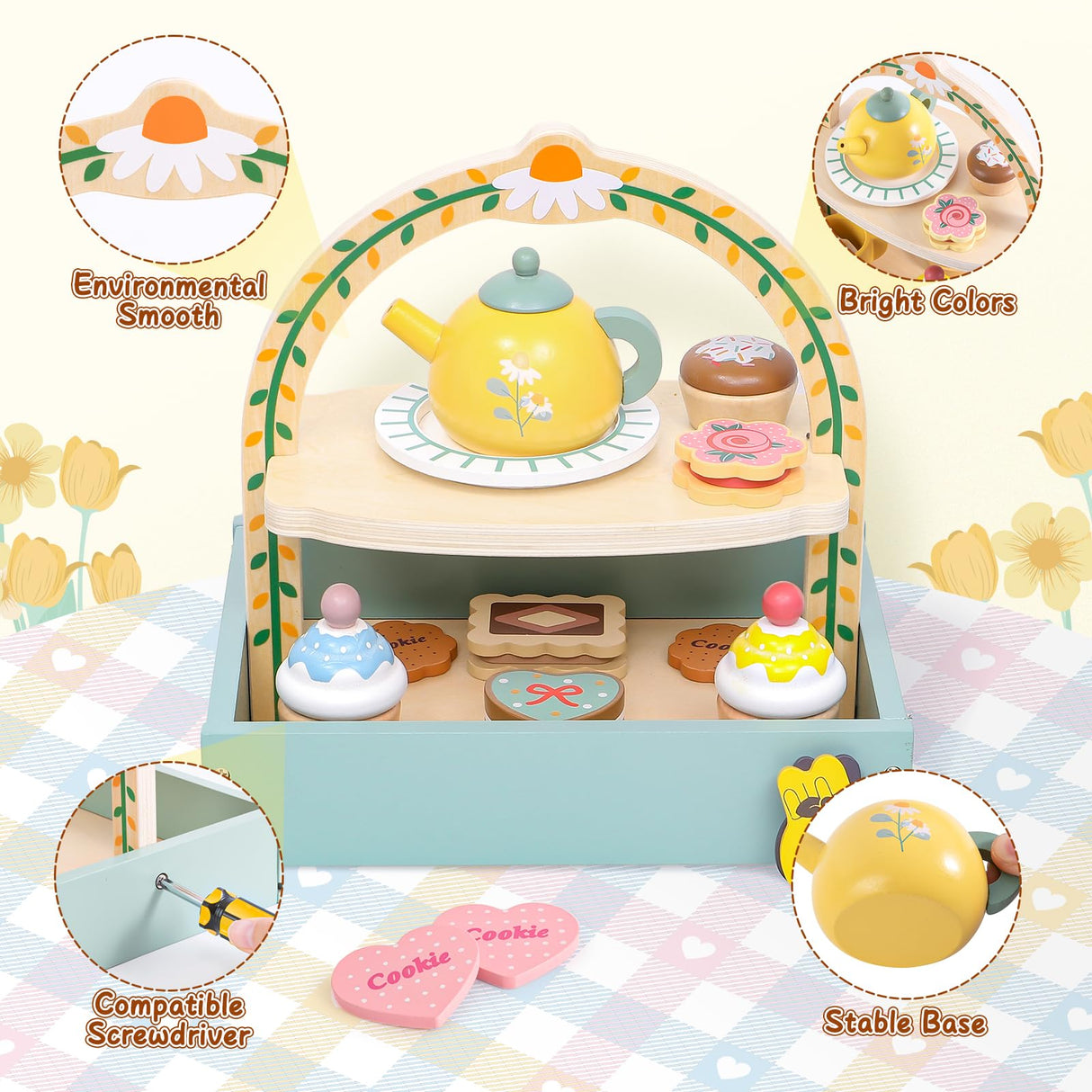 Toyssa Wooden Tea Party Set for Little Girls Toys Toddler Tea Set with Storage Cupcake Stand & Play Kitchen Accessories, Wooden Toys for Toddlers 2 3 4 5 6 Years Old, Birthday Kids Girls Gifts 1-3 Toyssa