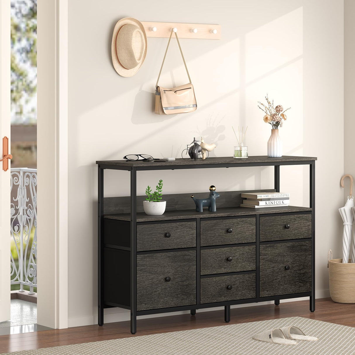 Yoobure TV Stand Dresser for Bedroom, 7 Fabric Drawers Entertainment Center, LED Dressers with Power Outlets, TV Stands for Living Room with Storage Shelf, TV Console Entertainment Stand up to 50" TV Yoobure