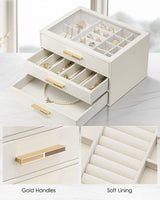 Vlando Jewelry Box for Women, Glass Lid Jewelry Organizer with 3 Drawers for Necklaces Rings Earrings Bracelets Mother Day Gift for Mom - Cloud White Vlando