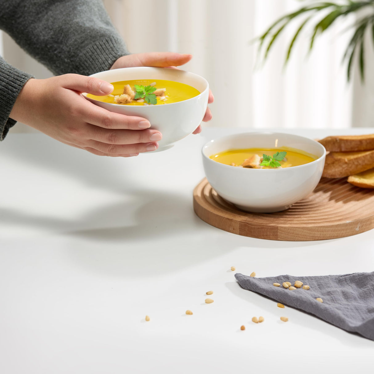 KooK Soup Bowl, Cereal Bowl, Bowl Set, White Ceramic Bowls, Set of 6, Microwave, Dishwasher and Freezer Safe, Chip Resistant, for Pasta, Salad, Oatmeal, Deep Interior, 24 Oz (White, 6 Inch) KooK