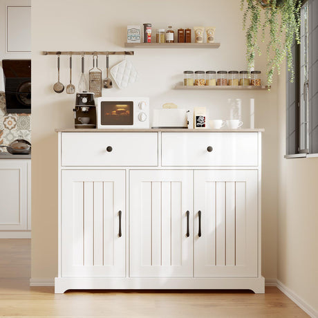 GAOMON 42" Large Buffet Sideboard Storage Cabinet, Farmhouse Sideboard Storage Cabinet with Adjustable Shelf, Drawers and Barn Doors, Wood Coffee Bar Kitchen Table for Entryway Dining Living Room GAOMON