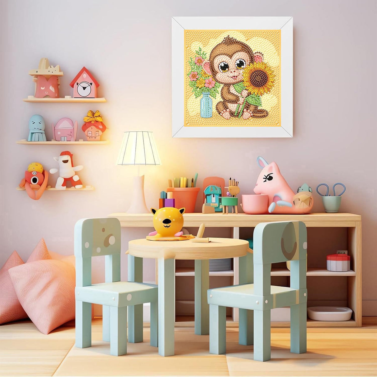 ajepon Monkey Diamond Art Kits for Kids with Frame, Animal Diamond Art for Kids Ages 8-12, Monkeys Diamond Painting Kits for Kid with Beautiful Package for Gift Home Wall Decor (7x7inch) ajepon