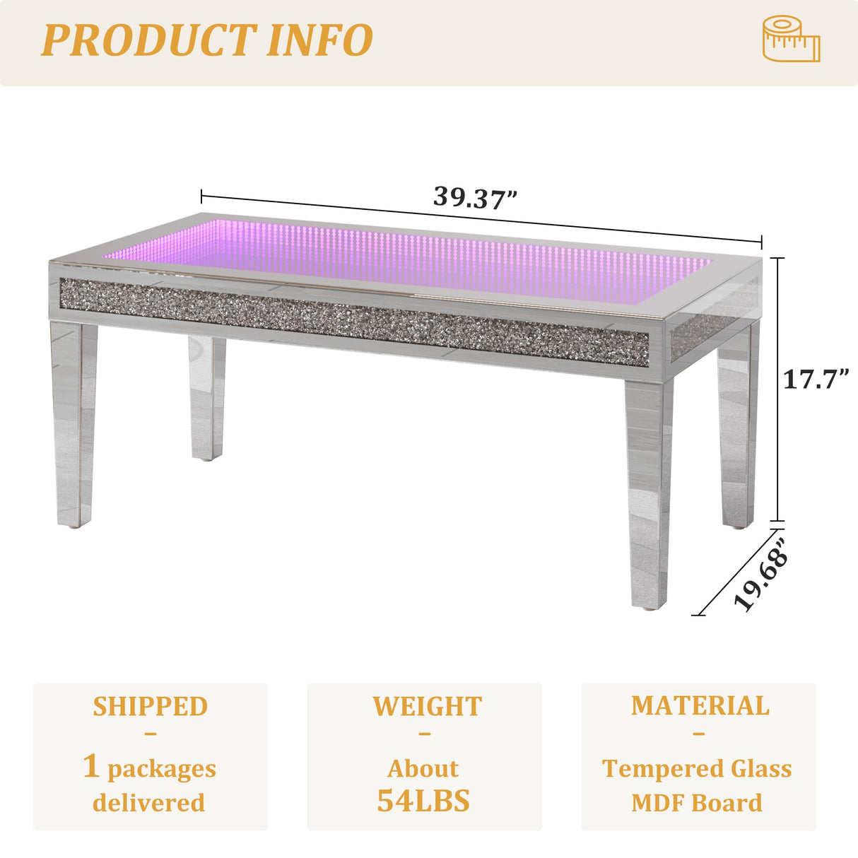 Alohappy Mirrored Coffee Table with Lasagna Light, Glass Rectangle Coffee Tea Table with Crushed Diamond for Living Room, Tempered Glass Silver Coffee Table for Bar, Game Room Decor Alohappy