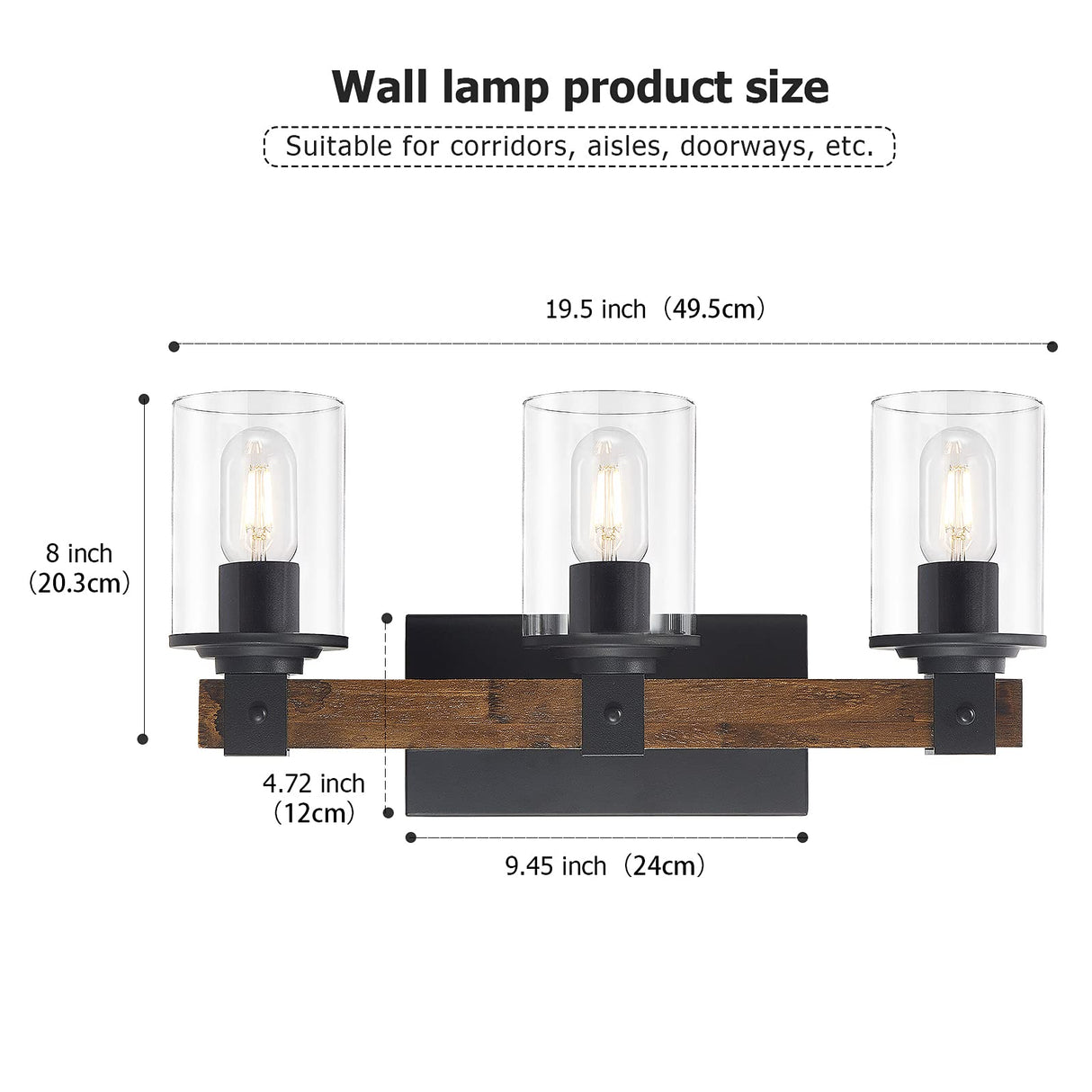 DUJAHMLAND Farmhouse Vanity Light Fixture,3-Light Bathroom Wood Wall Light Over Mirror with Clear Glass Shade, Rustic Vintage Wall Sconce Lighting.(Antique Wood, 3-Light) DUJAHMLAND