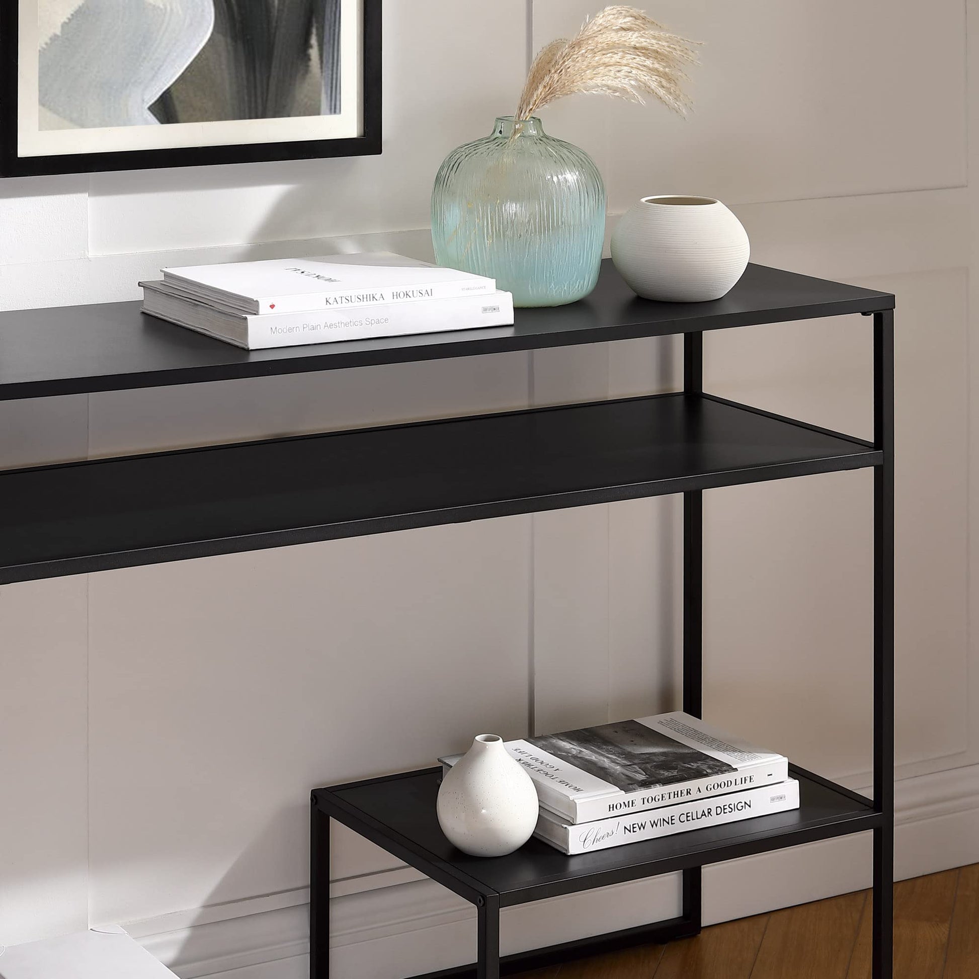 Walker Edison Modern Metal and Wood Tiered Entry Table, 42 Inch, Black - WoodArtSupply