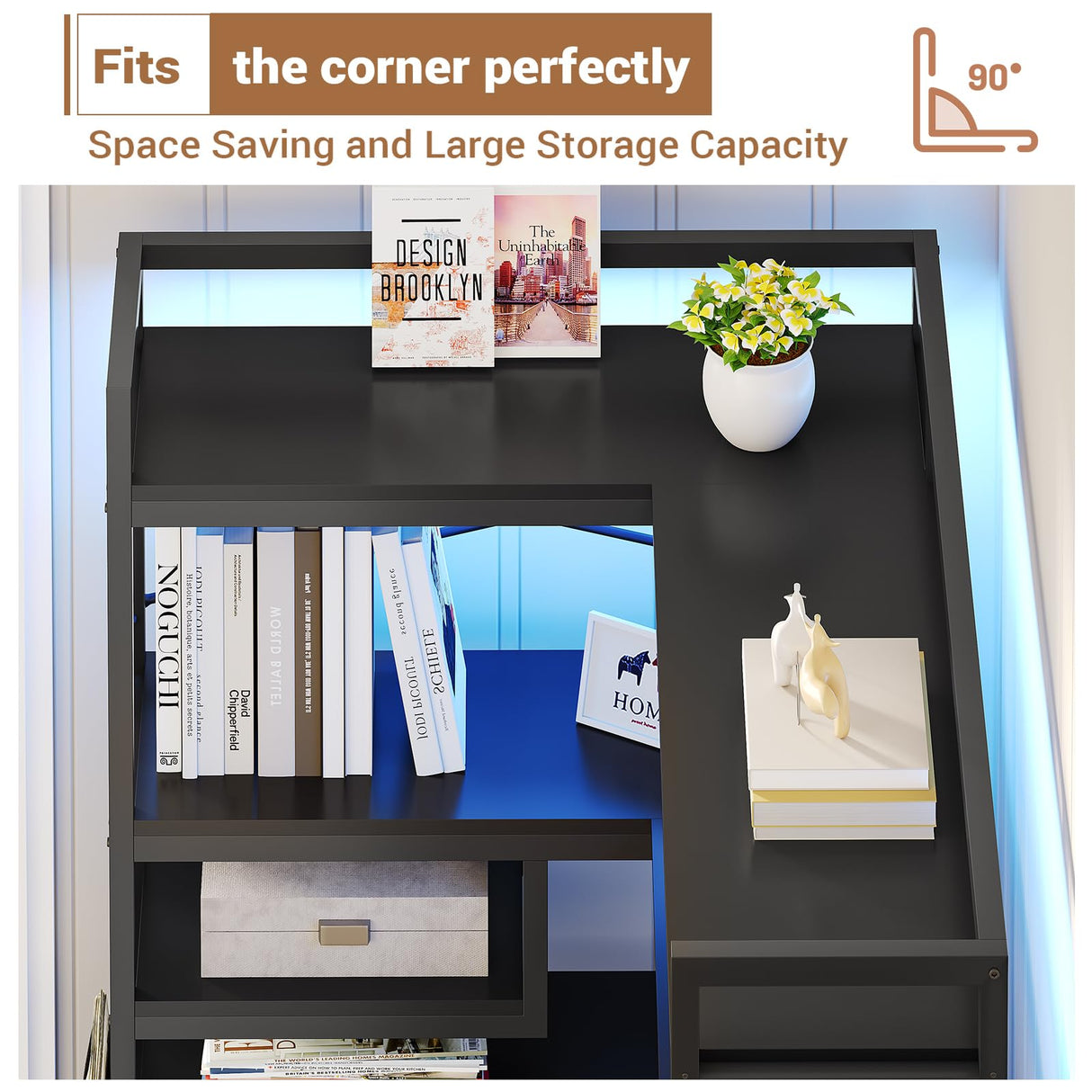 Itaar 5-Tier Convertible Corner Bookshelf with LED Light, Pegboard & Storage – Black Itaar