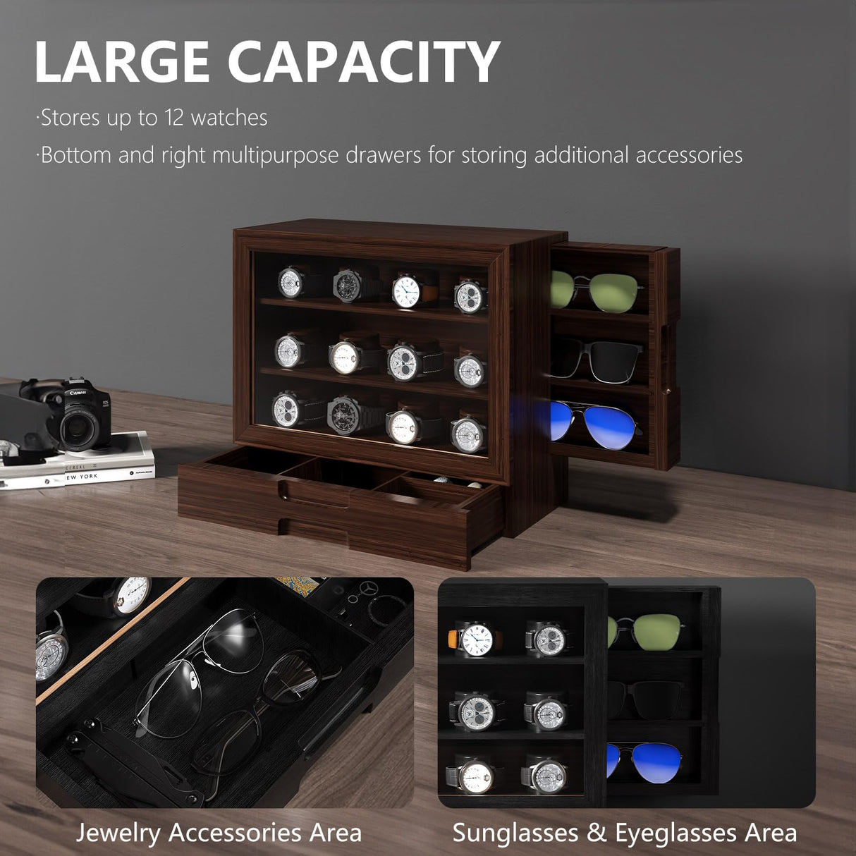 AUTOARK Wooden Watch Sunglass Display Case,12 Watch Box with Jewelry Drawer,Watch Eyeglass Holder with Window,Vertical Storage,Gift Idea,Walnut,AW-185 AUTOARK