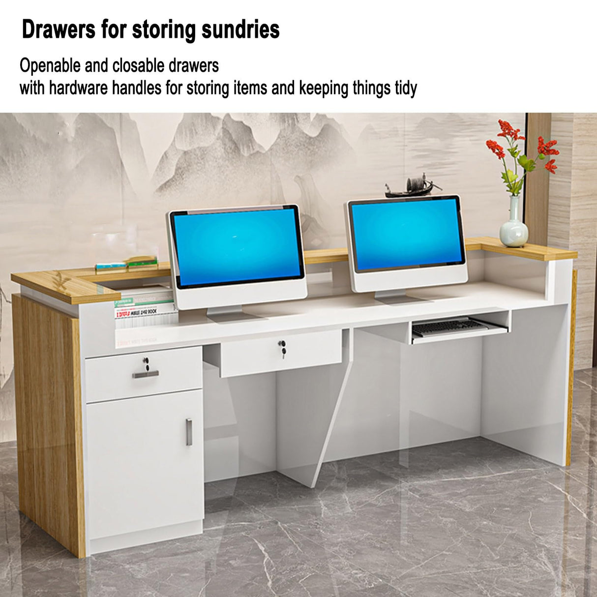 Retail reception counter with LED lights, reception desk for beauty salon, front desk reception counter with counter, wooden standing front desk for clothing store, company front desk, Coffee Shop.(B, FYRDTNG