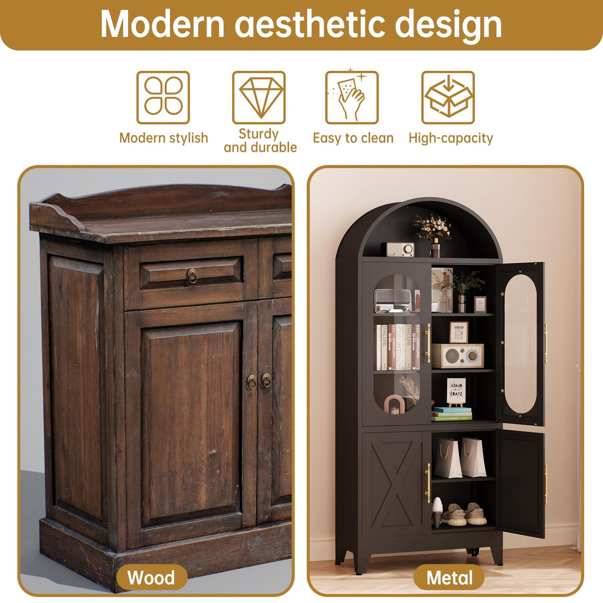 PAOFIN 73" Metal Tall Arched Kitchen Pantry Cabinet, Modern Farmhouse Kitchen Storage Cabinets with 3 Adjustable Shelves, Versatile Cupboard for Kitchen, Dining Room, Black PAOFIN