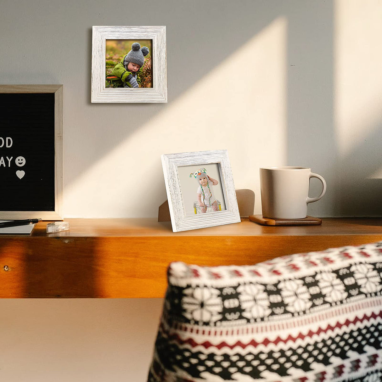 4x4 Picture Frame Square Wood Distressed Simple Striped Border Designed White Wooden Photo Frame with HD Glass for Tabletop Display Wall Mount Wedding Baby Family Farmhouse Collage Home Office Decor… OKSQW