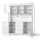 VOWNER Large Kitchen Hutch Cabinet with 3 Metal Doors & Pegboard, Pantry Storage Cabinet with Cup Holder & Power Outlet, Freestanding Cupboard for Kitchen, Dining Room (White) VOWNER
