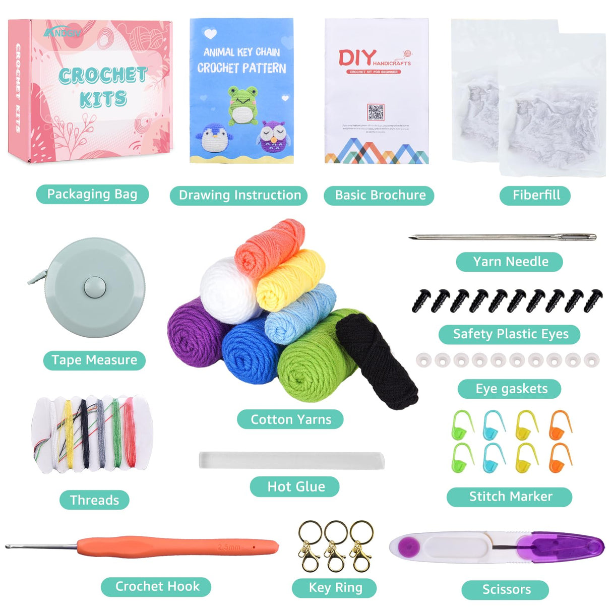 Crochet Kit for Beginners Kids Adults - Amigurumi Crocheting Animal Kits, Beginner Knitting Set DIY Art Craft, 3 Pattern Owl, Penguin, Frog, Easy to Learn Tutorials, Yarns, Hook, for Girls Age 12+ Andgiv