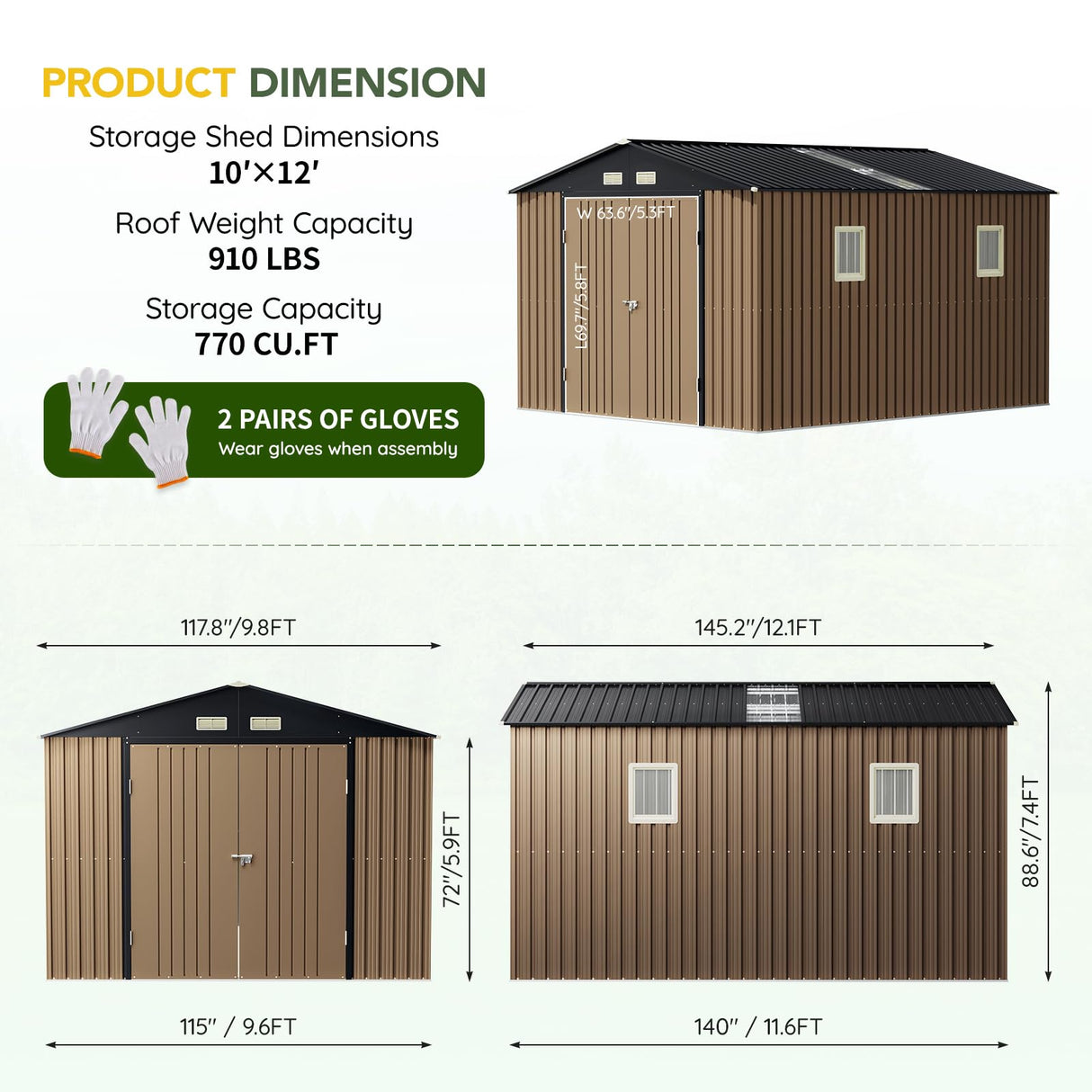 Breezz Outdoor Storage Shed 10 x 12ft. Utility Tool Shed Metal Storage Garden Shed with Lockable Doors, Windows & Metal Frame Floor for Patio Storage,Brown BreezZ