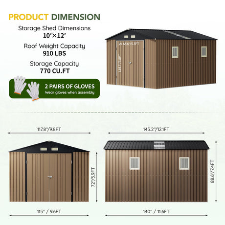 Breezz Outdoor Storage Shed 10 x 12ft. Utility Tool Shed Metal Storage Garden Shed with Lockable Doors, Windows & Metal Frame Floor for Patio Storage,Brown BreezZ