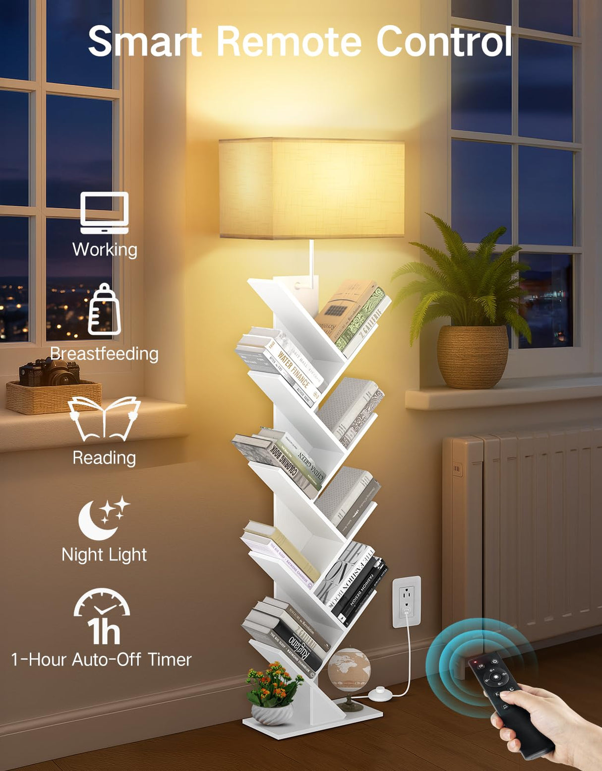 OUTONLIFE 9 Tier Tree Bookshelf with Light, Remote & Timer, Dimmable Tall Floor Standing Lamp, Narrow Wood Bookcase, Small Book Organizer Shelves for Living Room, Bedroom, Home Office (White) OUTONLIFE