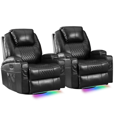 IBTKIG Power Swivel Rocker Recliner Chair with Massage and Heat/LED Lights/USB and Type-C Ports/Infinite Position/Cup Holder, Electric Glider Reclining Sofa for Nursery Living Room (2, Black) IBTKIG