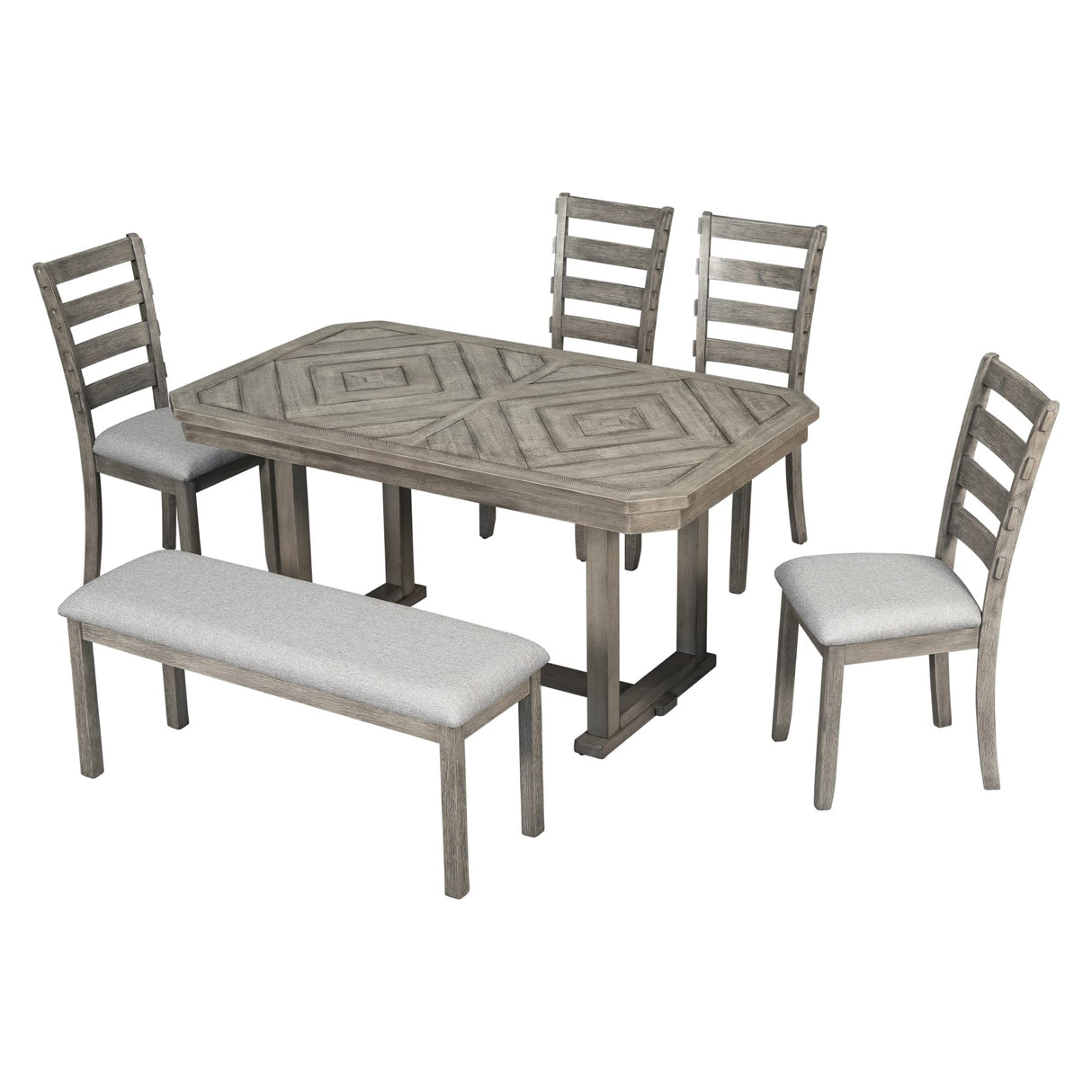 Bellemave Dining Table Set for 6, Rectangular Dining Table with Upholstered Chairs and Bench, 6-Piece Table Set for Dining Room and Kitchen, Retro Dining Room Table Set with Bench, 4 Chairs Bellemave