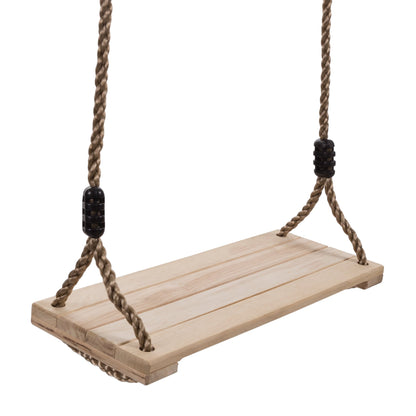 Hey! Play! Wooden Swing, Outdoor Flat Bench Seat with Adjustable Nylon Hanging Rope for Kids Playset Frame or Tree, Backyard Swinging Toy, Brown - WoodArtSupply