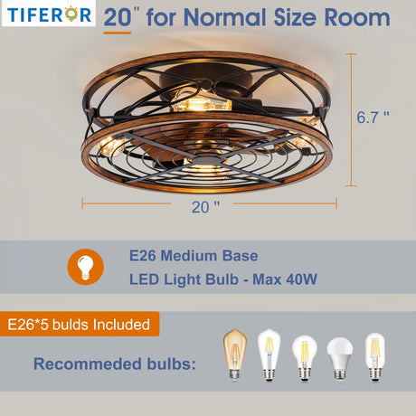 TIFEROR Caged Ceiling Fans with Lights, 20 in Bladeless Ceiling Fan with Remote Control, 3 Speeds Low Profile Modern Enclosed Ceiling Fans with Reversible Motor, Matte Black (5 E26 Bulb Include) TIFEROR