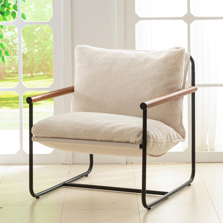 HIGOGOGO Modern Accent Chair, Living Room Chair with Wood Armrests, Shredded Foam Cushion, and Sturdy Metal Frame Reading Chair, Beige HIGOGOGO
