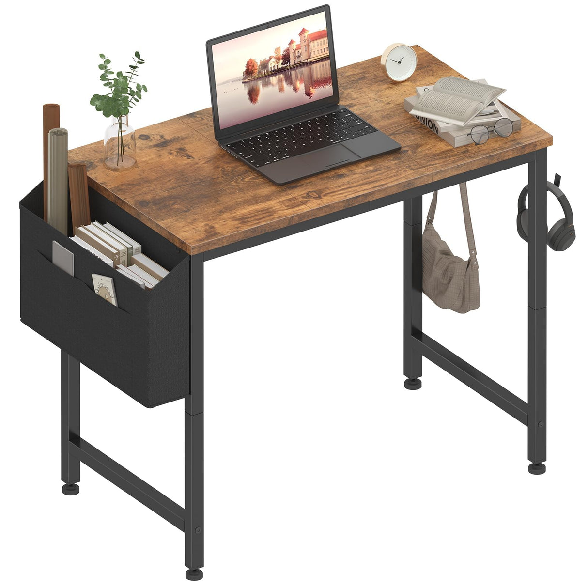 Lufeiya Small Desk for Small Spaces, 32 Inch Kids Girls Study Writing Desks for Bedroom, Simple Modern Laptop PC Little Side Table with Storage Bag Headphone Hooks, Rustic Brown Lufeiya