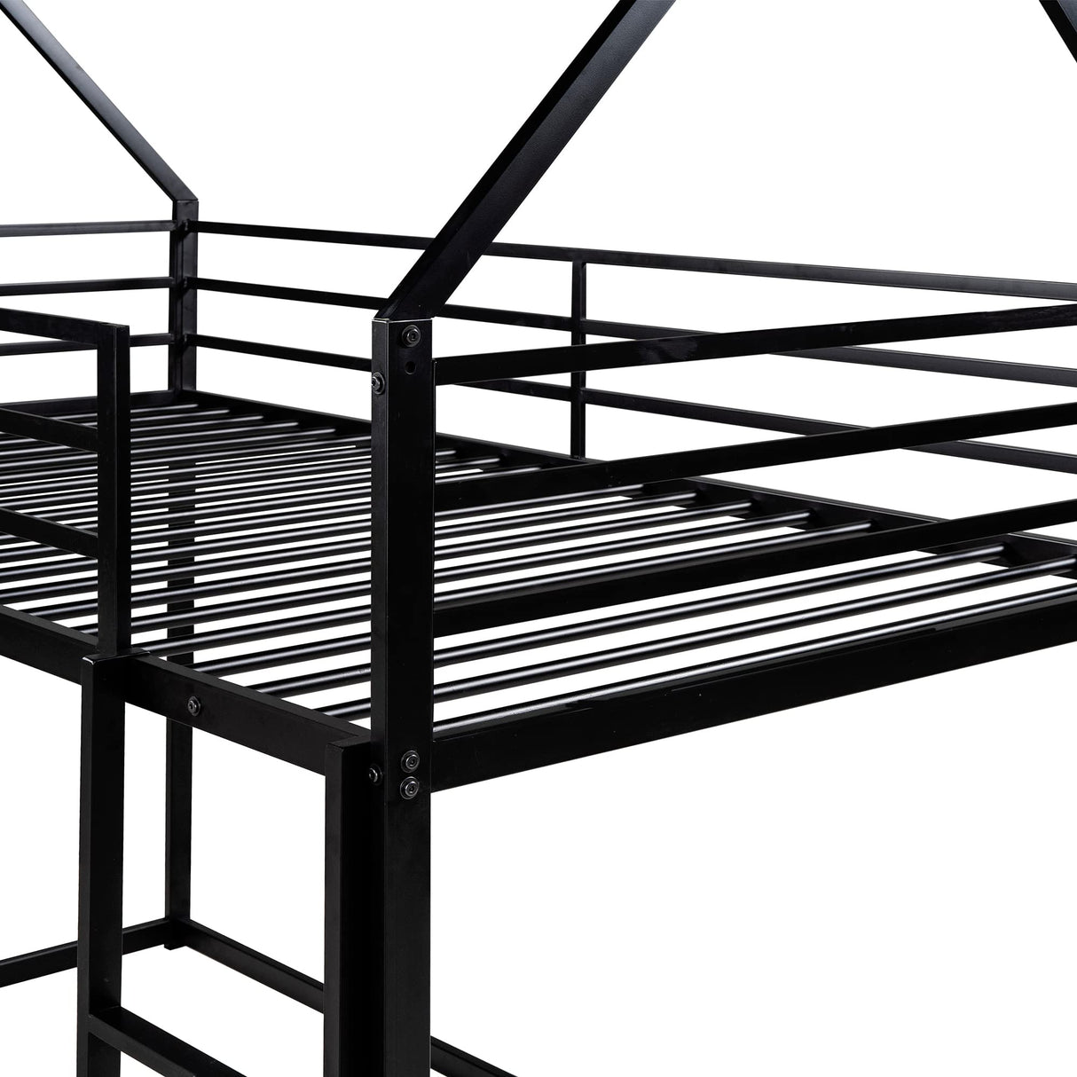 Merax Modern Twin Over Twin Junior Metal Floor Bunk Bed with Ladder House Shaped Bunk Bed Frame for Kids Boys Girls, Space-Saving, Black Merax