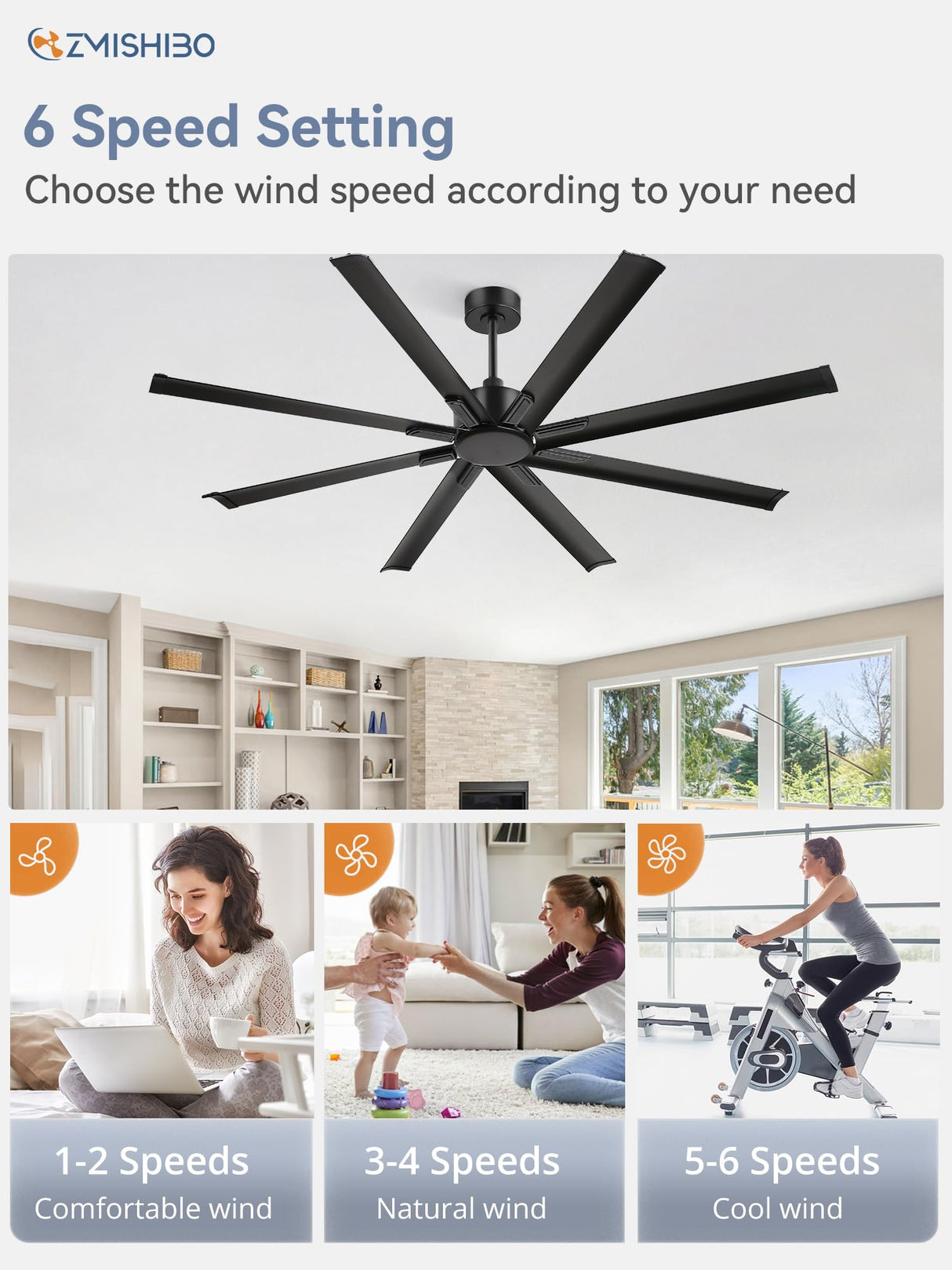 ZMISHIBO 72 Inch Ceiling Fan No Light, Large Black Ceiling Fan with Remote, Quiet DC Motor, and 6 Speeds, Indoor/Outdoor Industrial Ceiling Fans 8 Aluminum Blades for Patio, Garage, Shop, Black ZMISHIBO