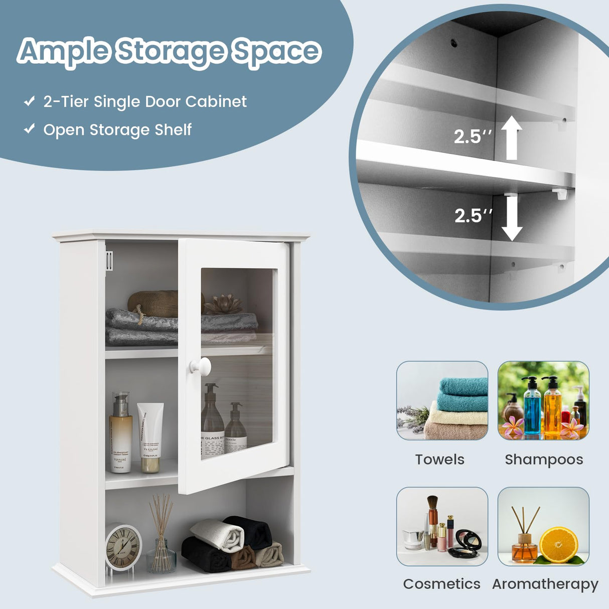 Tangkula Bathroom Cabinet, Wall Mounted Storage Organizer W/Door and Open Shelf, Hanging Medicine Cabinet, White Tangkula