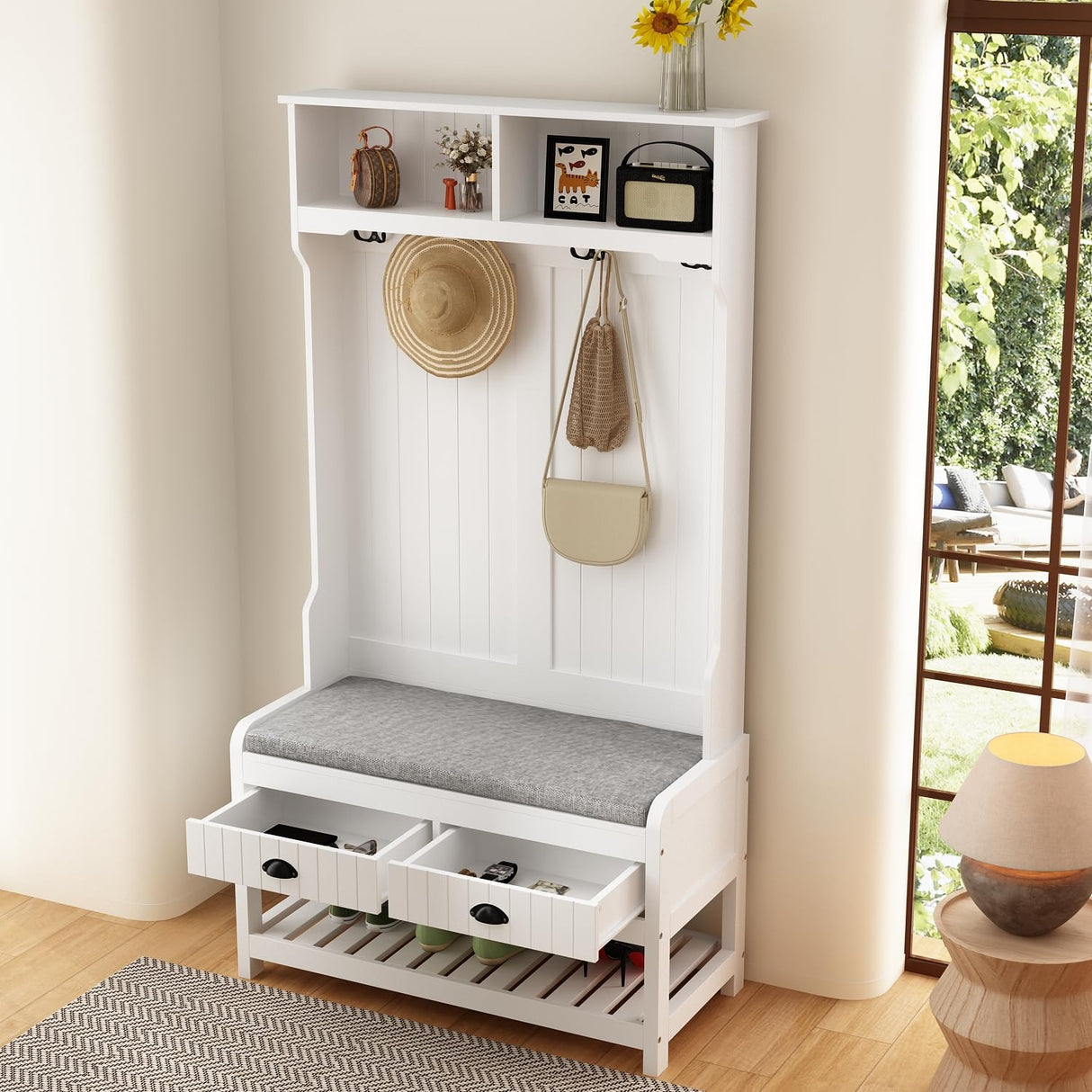 WOODTIME Hall Tree with Bench and Shoe Storage, Multi-Purpose Entryway Bench with Coat Rack, Padded Seat Cushion, 4 Double Hooks, Open Shelves and 2 Drawers, White WOODTIME