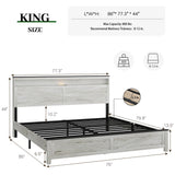 PAUKIN King Size Bed Frame with Headboard, Rustic Farmhouse Wood Bed Frame with LED Lights and Charging Station, Easy Assembly, No Box Spring Needed (White, King) PAUKIN