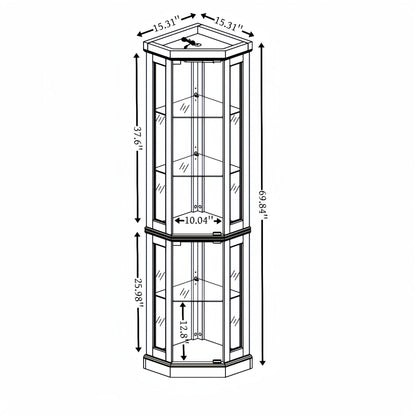 Lighted Corner Display Curio Cabinet Wooden Shelving Unit with Tempered Glass Door, Bar and Liquor Storage Area with 4 Shelves, Wine Cabinet