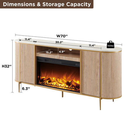 OKD Luxury 70" Fluted Fireplace TV Stand, Modern Chic Entertainment Center for TVs Up to 80 inches, TV Console with Faux Marble Top, Curved Profile Design, Media Console for Living Room, Natural Oak OKD
