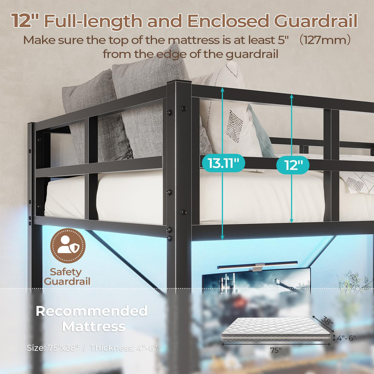 DICTAC Loft Bed Twin Size with Led Lights Metal Twin Loft Bed with Full-Length Guardrail and Ladder for Junior, Heavy Duty Metal Sltas Support,Noise-Free, Space-Saving, No Box Spring Needed, Black DICTAC