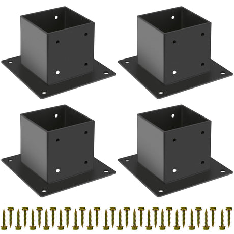 Grehitk 4×4 Post Base 4 Pcs,Deck Post Brackets,Inner Size 3.5"x3.5" Thick Steel Fence Post Anchor Base,Black Powder Coated Heavy Fence Post,for Supports Porch Railing Post Holders Pergola Brackets Grehitk