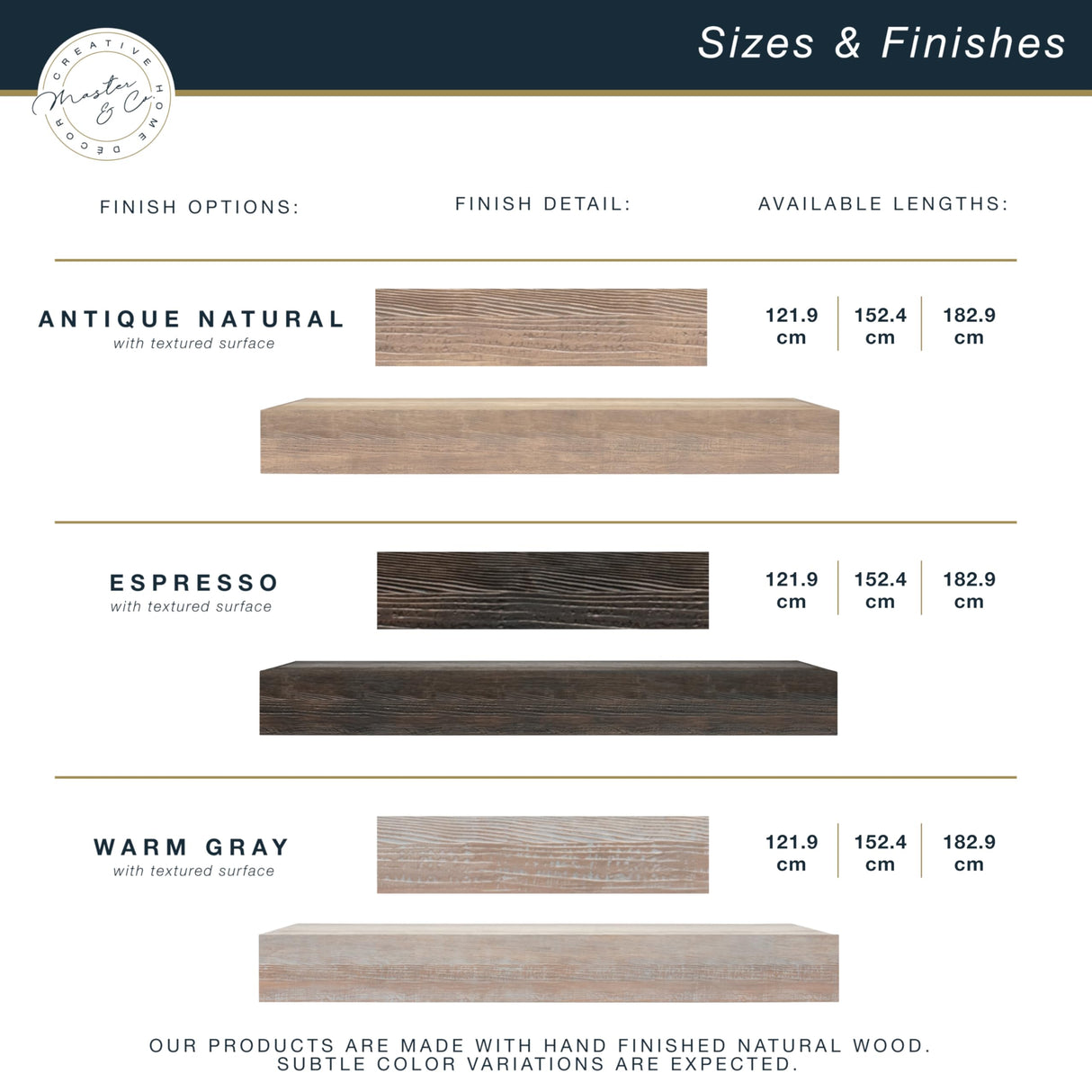 MCS 60-Inch Mantel, Master & Co Antique Natural Finsh Solid Wood Floating Fireplace Mantel, Long Floating Shelf for Livingroom with Wood Cleat Hanging System, Photo and Home Decor Display Shelf MCS