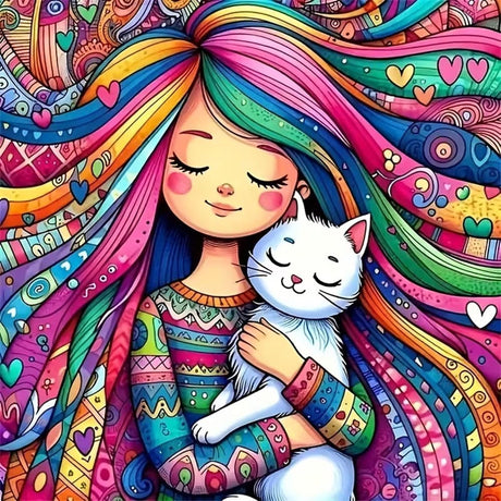 Diosedyer Whimsical Rainbow Girl & Cat Diamond Art Kit, Full Round Drill Diamond Painting for Adults Kids, Colorful Cartoon Diamond Craft Kit, DIY Wall Art Decor for Bedroom Living Room 11.8x11.8 inch Diosedyer