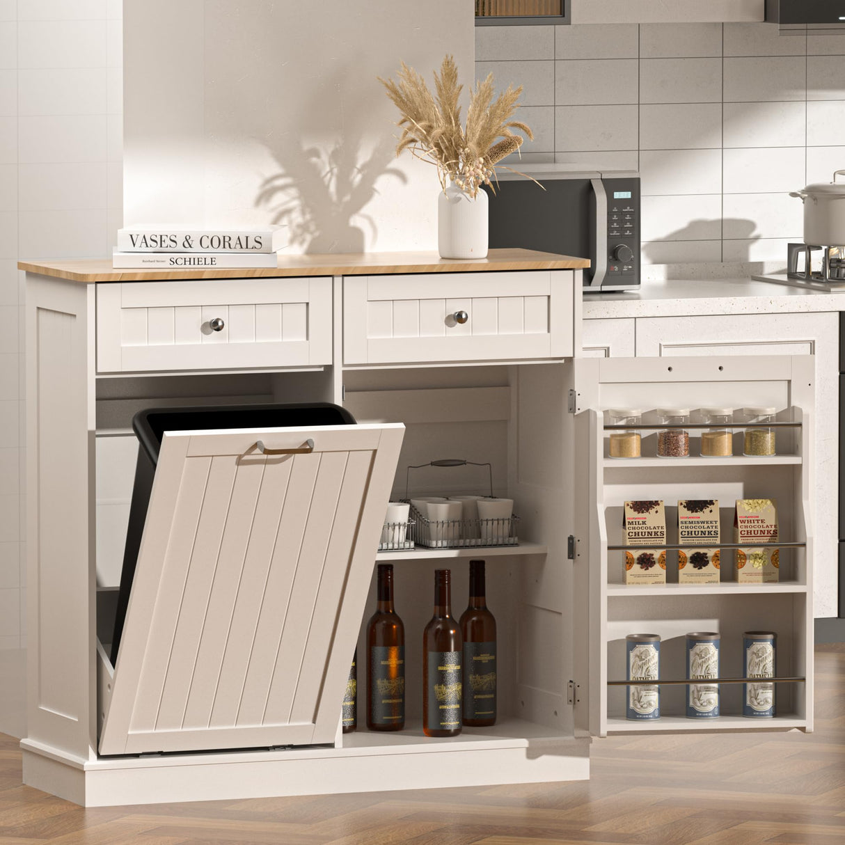 AHB 13 Gallon Tilt Out Trash Bin Cabinet with 2 Drawers, Adjustable Shelves,Kitchen Storage Cabinet with Garbage Bin Tilt Out Laundry Hamper for Kitchen, White AHB