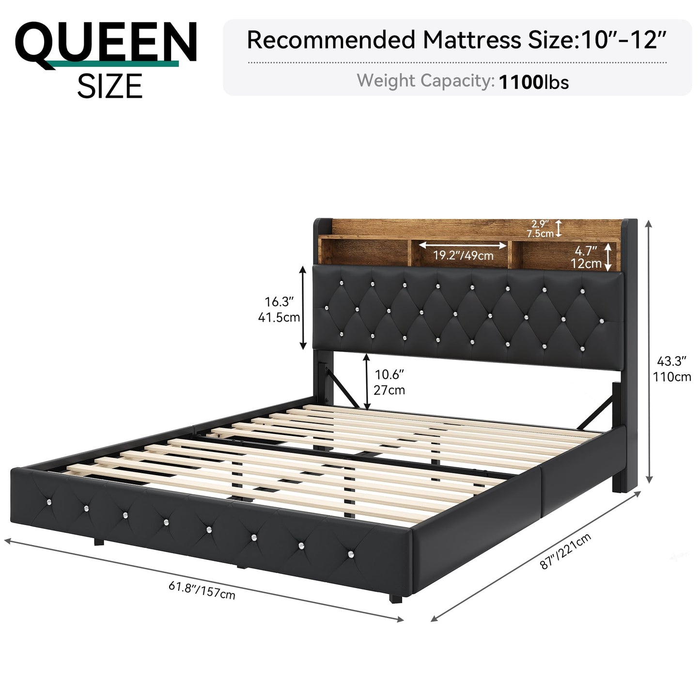 YITAHOME Queen Floating Bed Frame with LED Lights and Storage Headboard, Black Faux Leather - WoodArtSupply