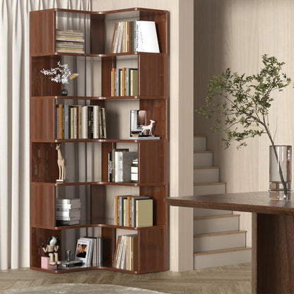 KINGBO 75" Tall 6-Tier Walnut Corner Bookshelf - Solid Wood Organizer for Living Room, Bedroom, and Home Office - WoodArtSupply