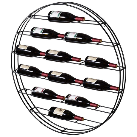 MyGift 12-Bottle Modern Black Metal Round Wall Mounted Wine Rack – 6-Tier Horizontal Storage Shelf for Kitchen, Living Room & Wine Cellar – Space-Saving Wall Decor & Cork Preservation MyGift