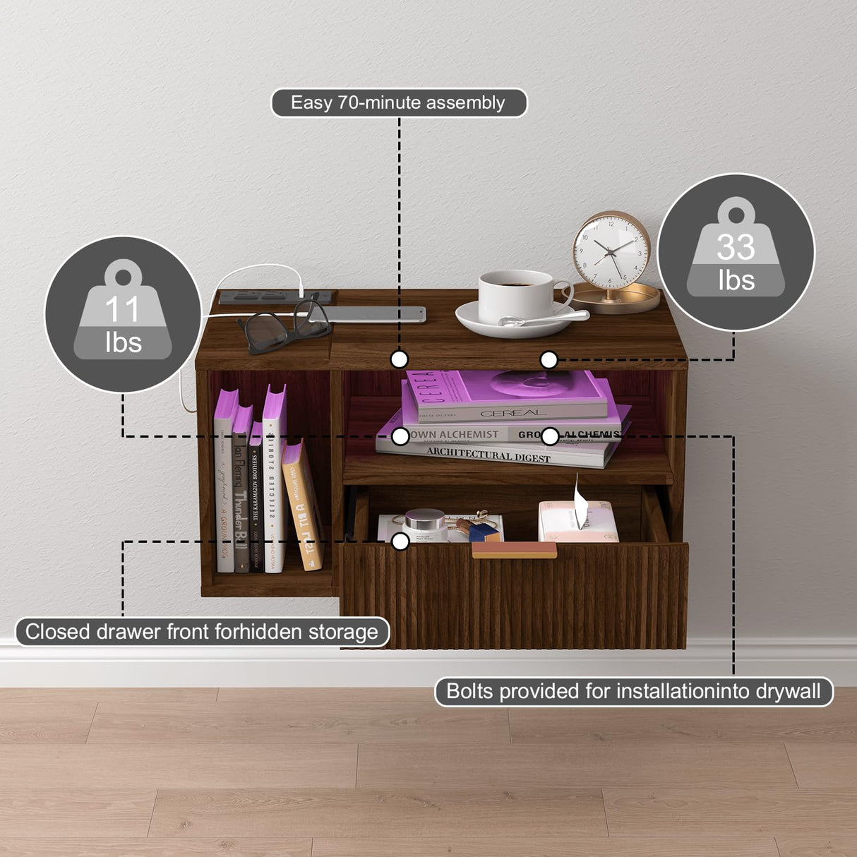Veegle Floating Nightstand with Charging Station and LED Lights, Walnut Brown Veegle