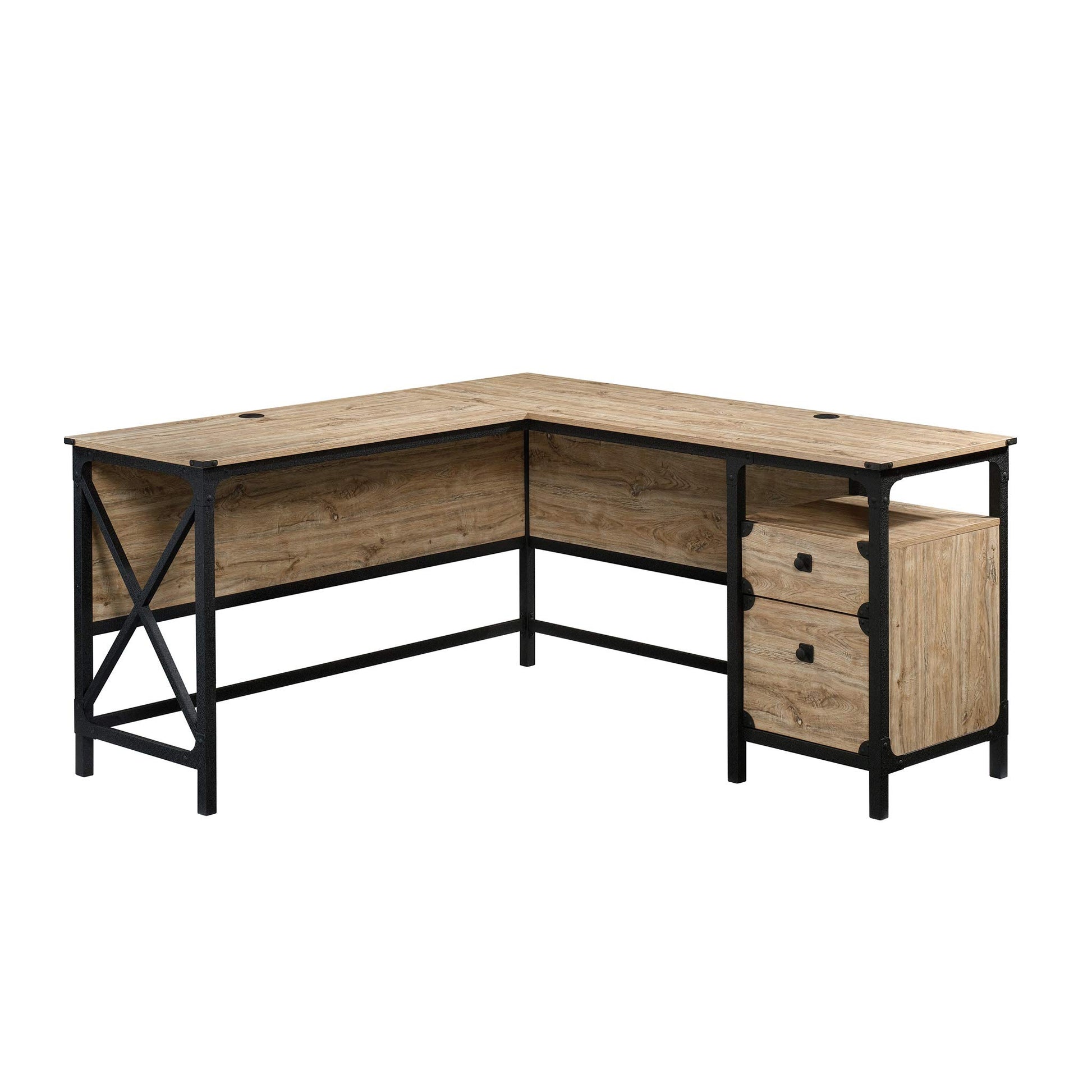 Sauder Steel River L-Shaped Desk, L: 59.84" x W: 57.32" x H: 29.53", Milled Mesquite Finish - WoodArtSupply