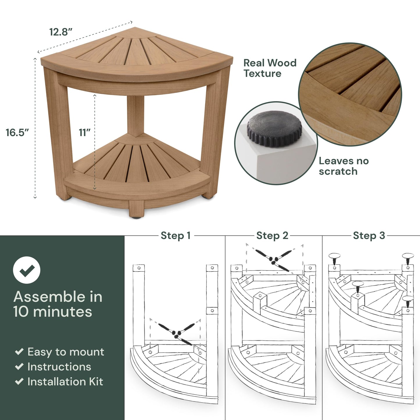 ROHKEX Corner Shower Stool HIPS - Waterproof Shower Bench for Shaving Legs - Easily Assembled Shower Organizer - Shower Seat for Inside Shower (Brown) - WoodArtSupply