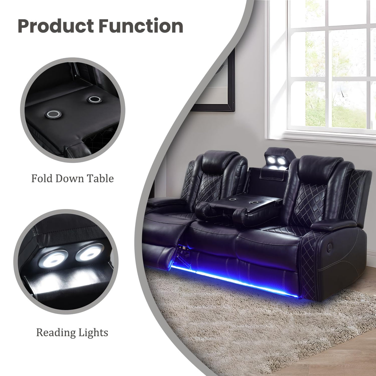 Plithzy Leather Power Recliner Sofa Set with LED, Leather Sofa Set with USB Charing&Reading Light, Living Room Furniture Set Reclining Sofa with Hidden Arm Storage (Sofa and Chair, Black) Plithzy