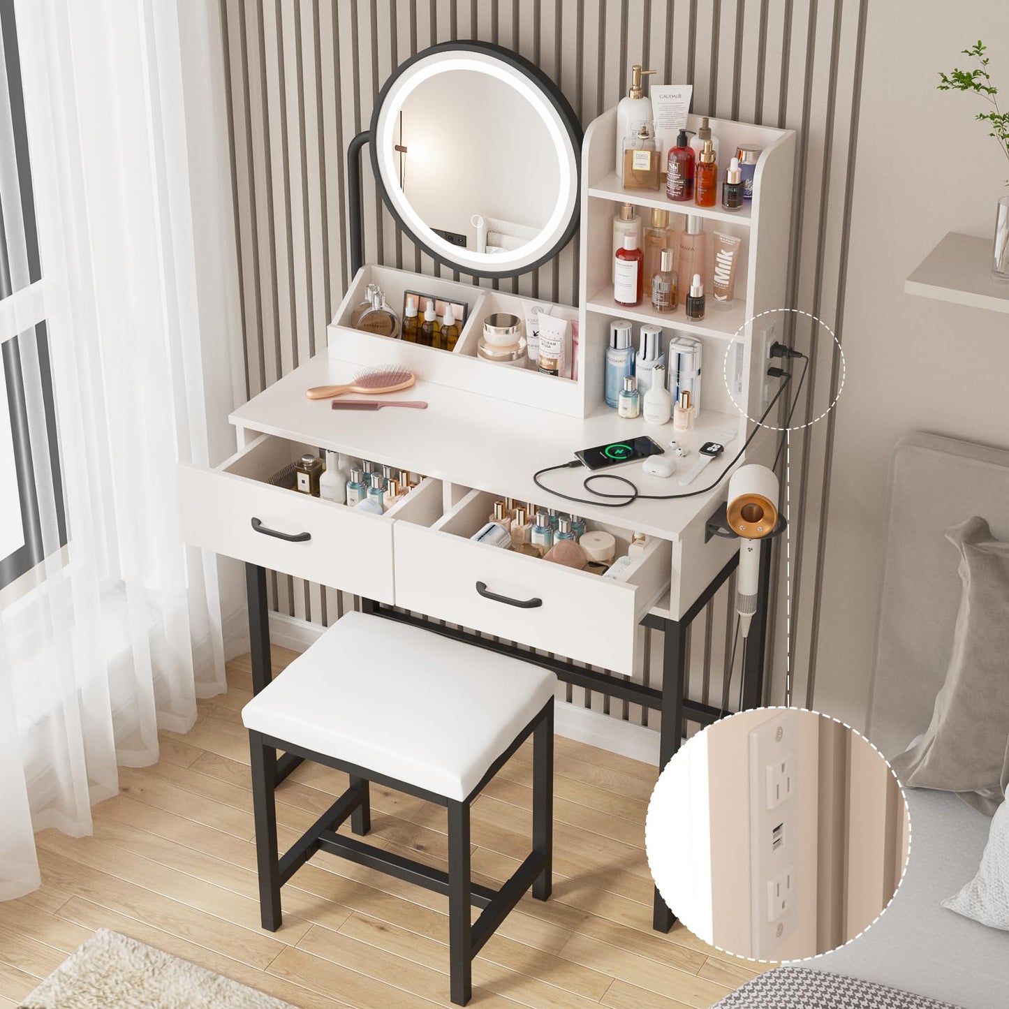Vabches Makeup Vanity with Round Mirror and Lights, White Vanity Makeup Table with Charging Station, Small Vanity Table for Bedroom, 3 Lighting